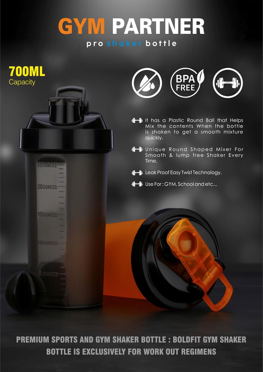 700ml-pro-gym-shaker-bottle---leak-proof-bpa-free-ideal-for-protein-shakes-smoothies-supplements---charcoal-black-5