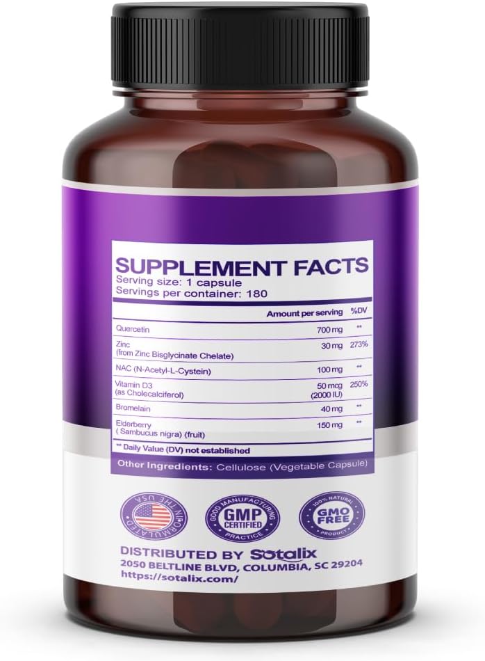 High Purity Quercetin 98% Supplement with Bromelain, Zinc, Vitamin D3, Elderberry - Immune Support for Adults & Kids - 180 Day Supply - Espot.com.au