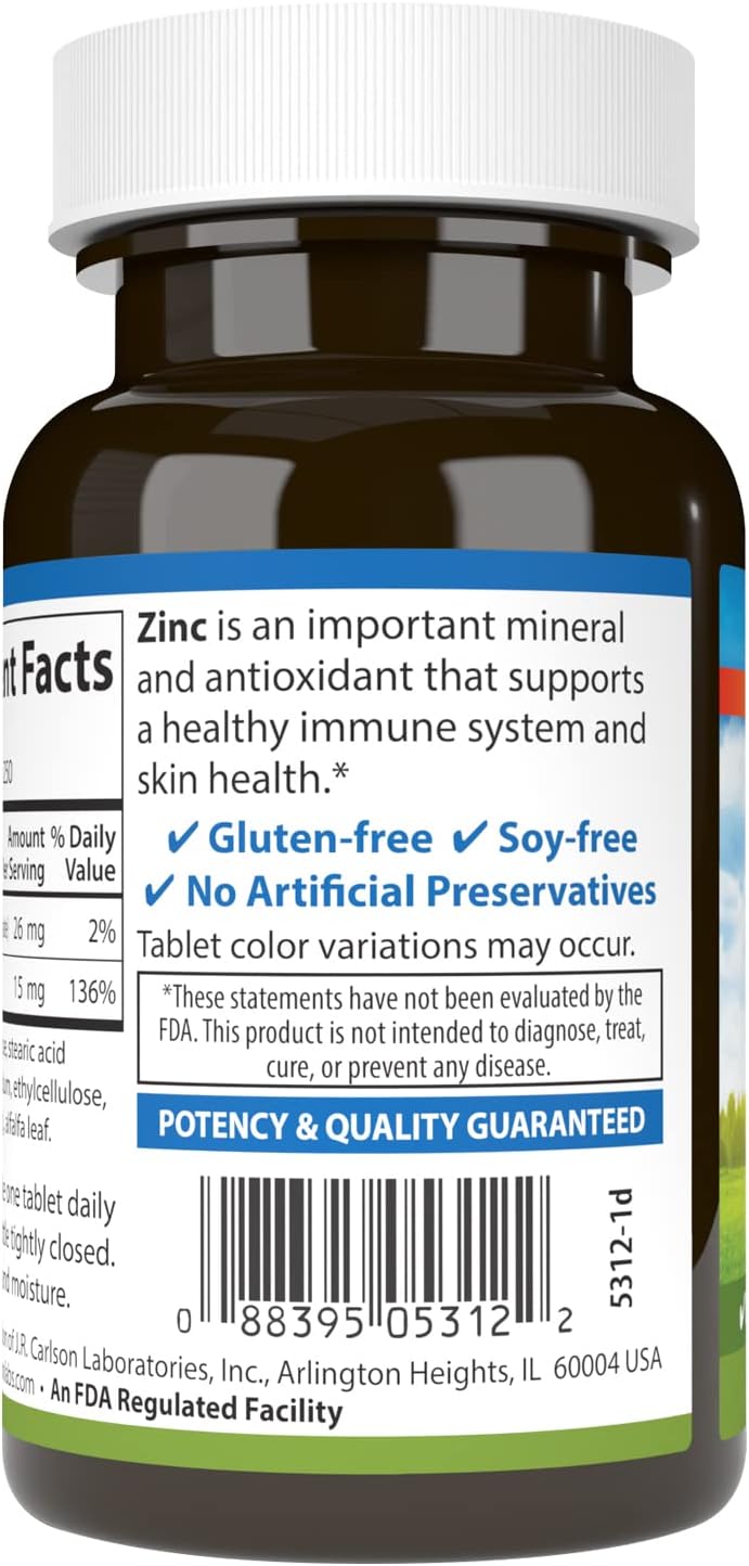 Zinc Supplement 15mg - Carlson Zinc Gluconate Tablets for Immune Support & Skin Health, Antioxidant Capsules - 250 Count - Espot.com.au
