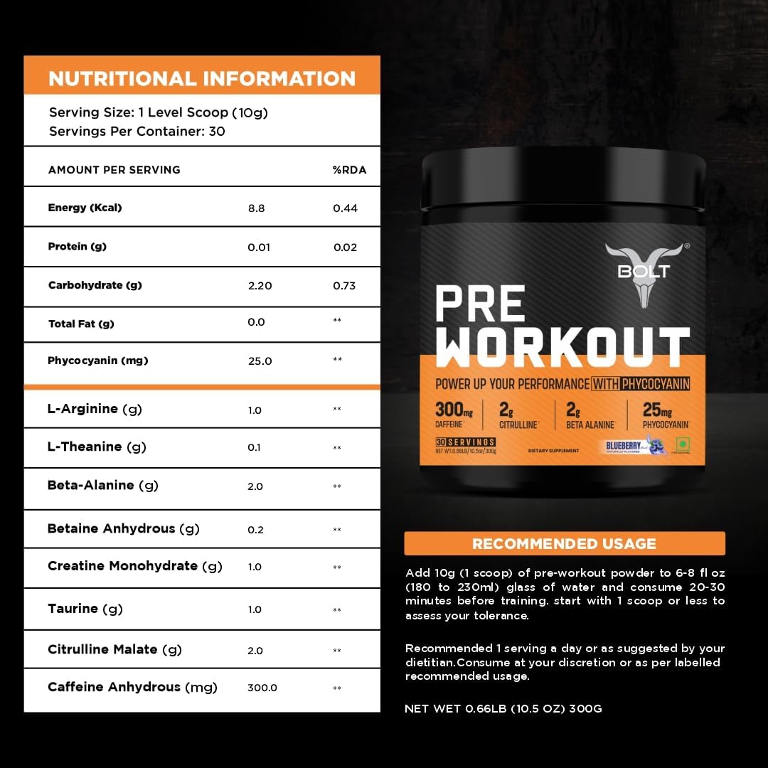 Bolt Nutrition Pre Workout Supplement with Caffeine, Citrulline Malate, B-Alanine, Taurine for Explosive Energy, Pump & Focus in Blue Berry Blast Flavor - 300g, 30 Servings - Espot.com.au