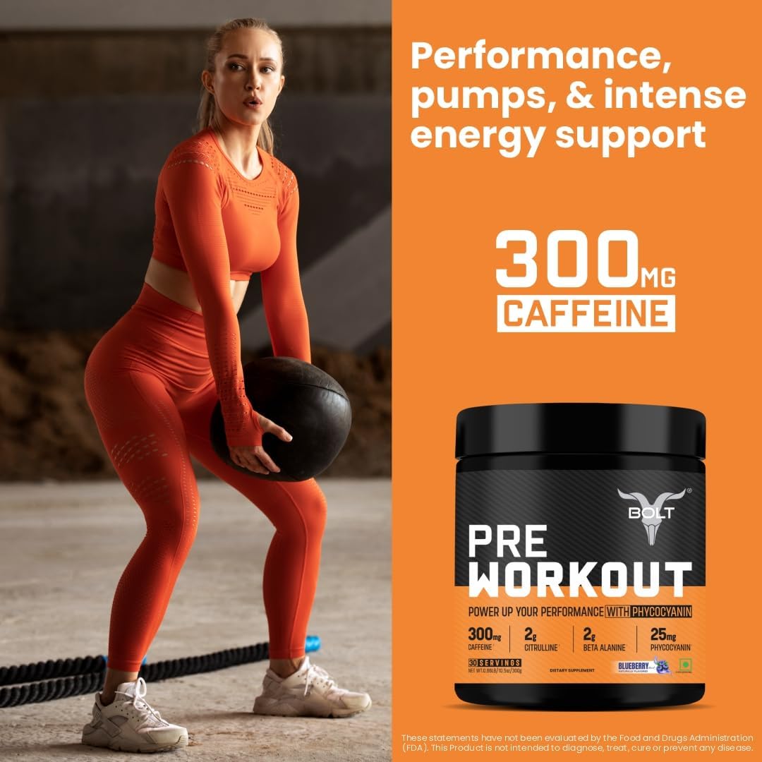 Bolt Nutrition Pre Workout Supplement with Caffeine, Citrulline Malate, B-Alanine, Taurine for Explosive Energy, Pump & Focus in Blue Berry Blast Flavor - 300g, 30 Servings - Espot.com.au