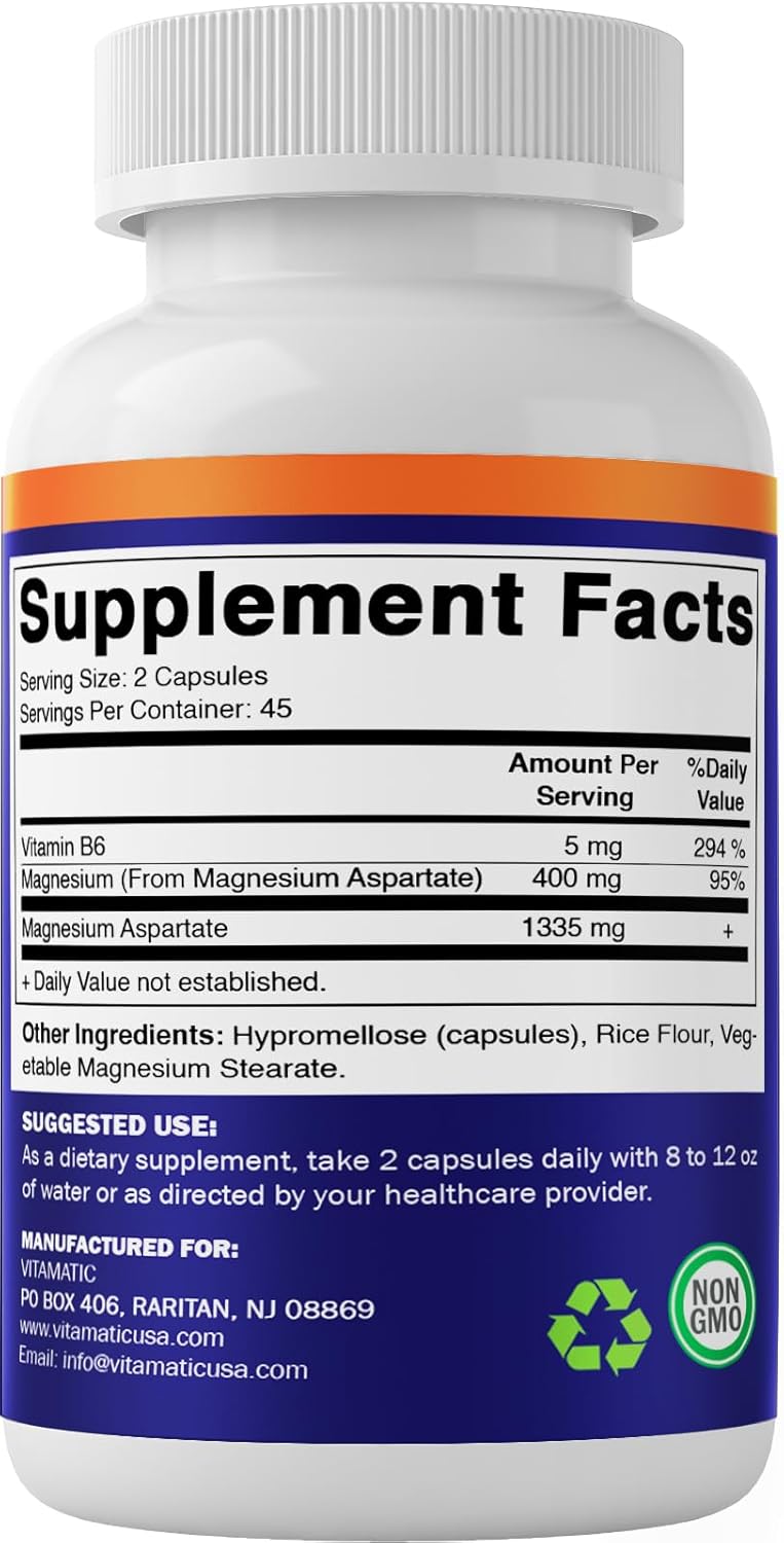 Vitamatic Magnesium Aspartate Capsules - 400mg with Added B6 - Supports Muscle, Joint, and Heart Health - 90 Vegetarian Capsules - Espot.com.au