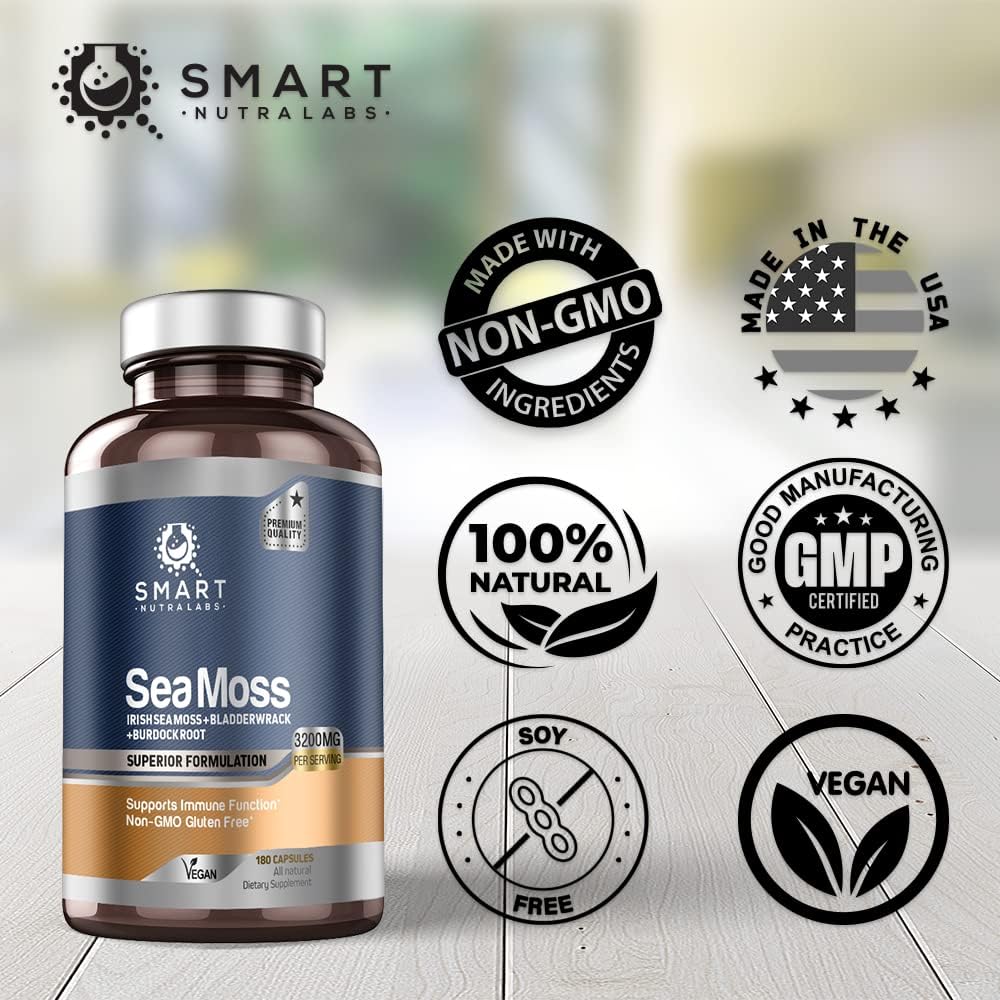 Organic Sea Moss Capsules - 3200MG Per Serving - 180 Vegan Capsules - Irish Sea Moss, Bladderwrack & Burdock Root - Immune Support & Health Supplement - Espot.com.au