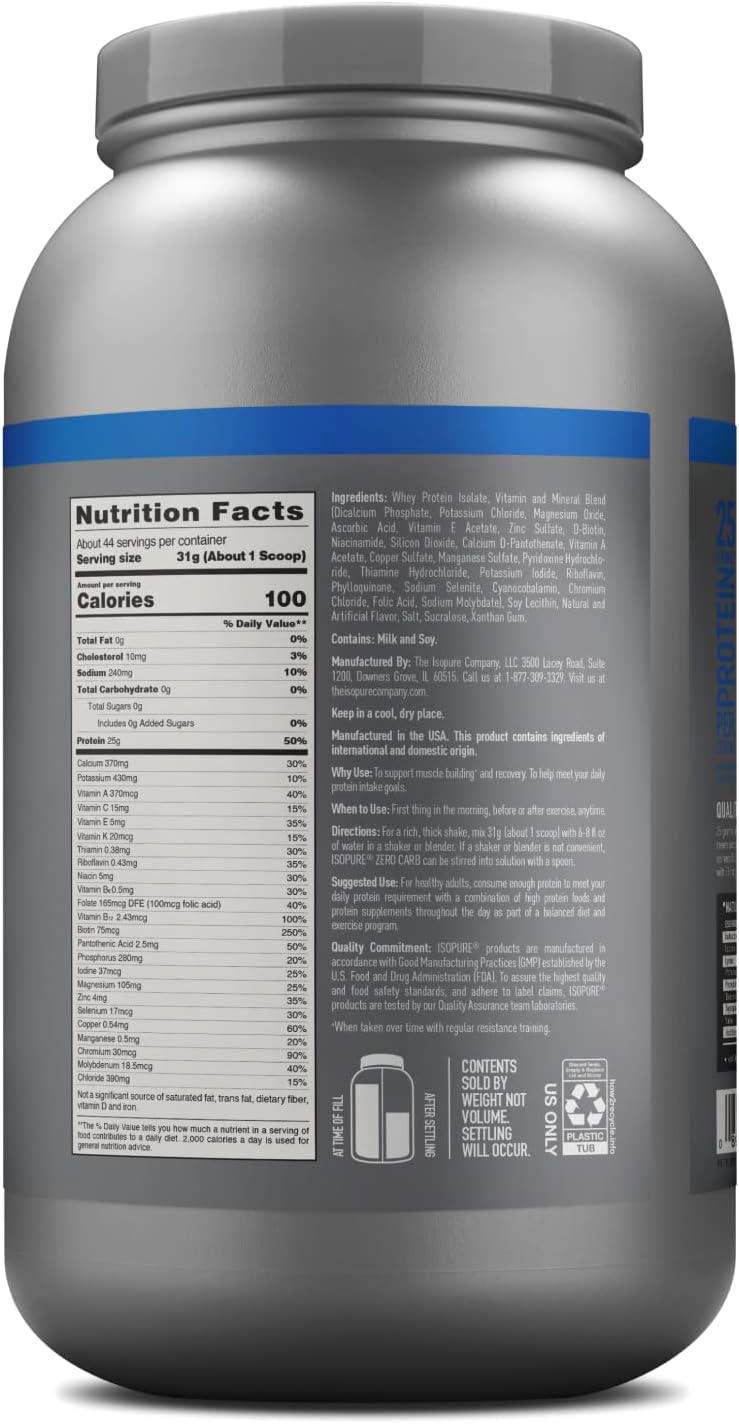 Isopure Zero Carb Whey Isolate Protein Powder - Creamy Vanilla, 25g Protein Per Serving, 3 Lbs, 44 Servings, Lactose & Gluten Free with Vitamins - Espot.com.au