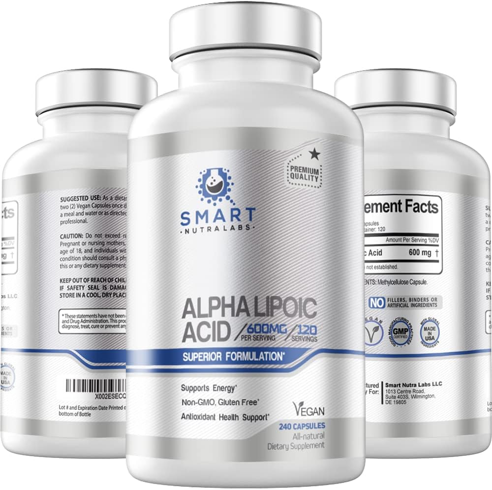 Alpha Lipoic Acid 600mg Per Serving - 240 Vegan Capsules - Gluten Free & Non-GMO - Supports Energy & Antioxidant - By Smart Nutra Labs - Espot.com.au