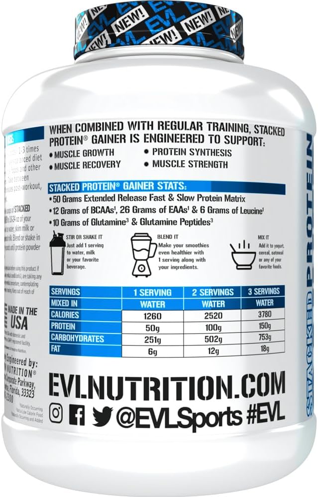 evlution-nutrition-stacked-protein-gainer---double-rich-chocolate-6-lb---50g-whey-protein-251g-carbs---muscle-building-recovery-post-workout---gluten-free-4