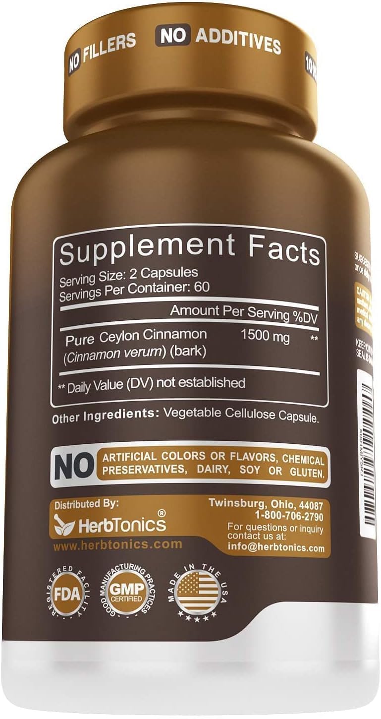 Herbtonics Ceylon Cinnamon Capsules - 1500mg, 120ct | Immune Support, Weight Management | Non-GMO, Gluten-Free - Espot.com.au