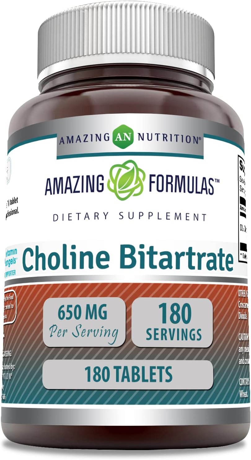 High-Quality Choline Bitartrate Supplement 650mg | 180 Tablets | Non-GMO | Gluten-Free | Made in USA by Amazing Nutrition - Espot.com.au