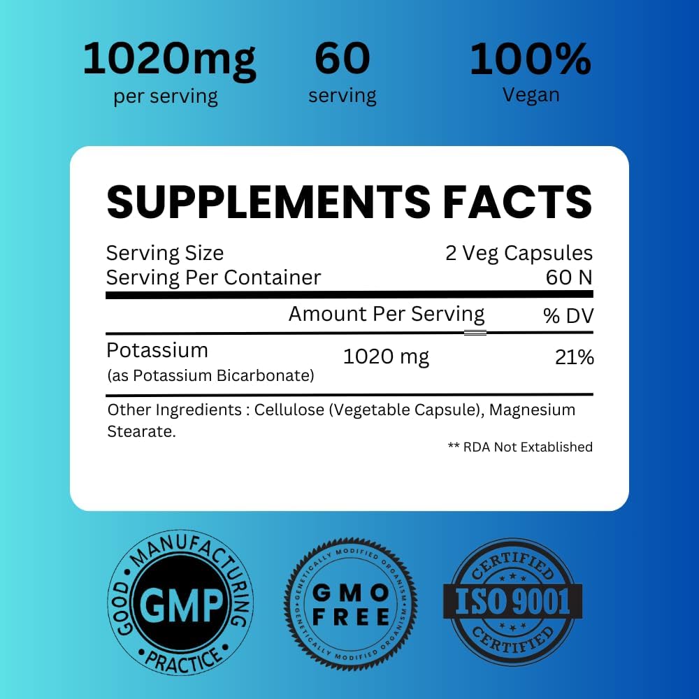 High Absorption Potassium Bicarbonate Supplement - 1020mg, 120 Capsules - Supports Electrolyte Balance, Kidney & Bone Health - SAIKOU HERBS - Espot.com.au