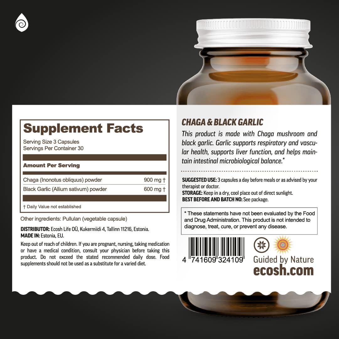 Organic Chaga Mushroom and Black Garlic Capsules - Antioxidant Immune Support Supplement - Nordic Forest Mushrooms - 1500mg - 90 ct - Espot.com.au