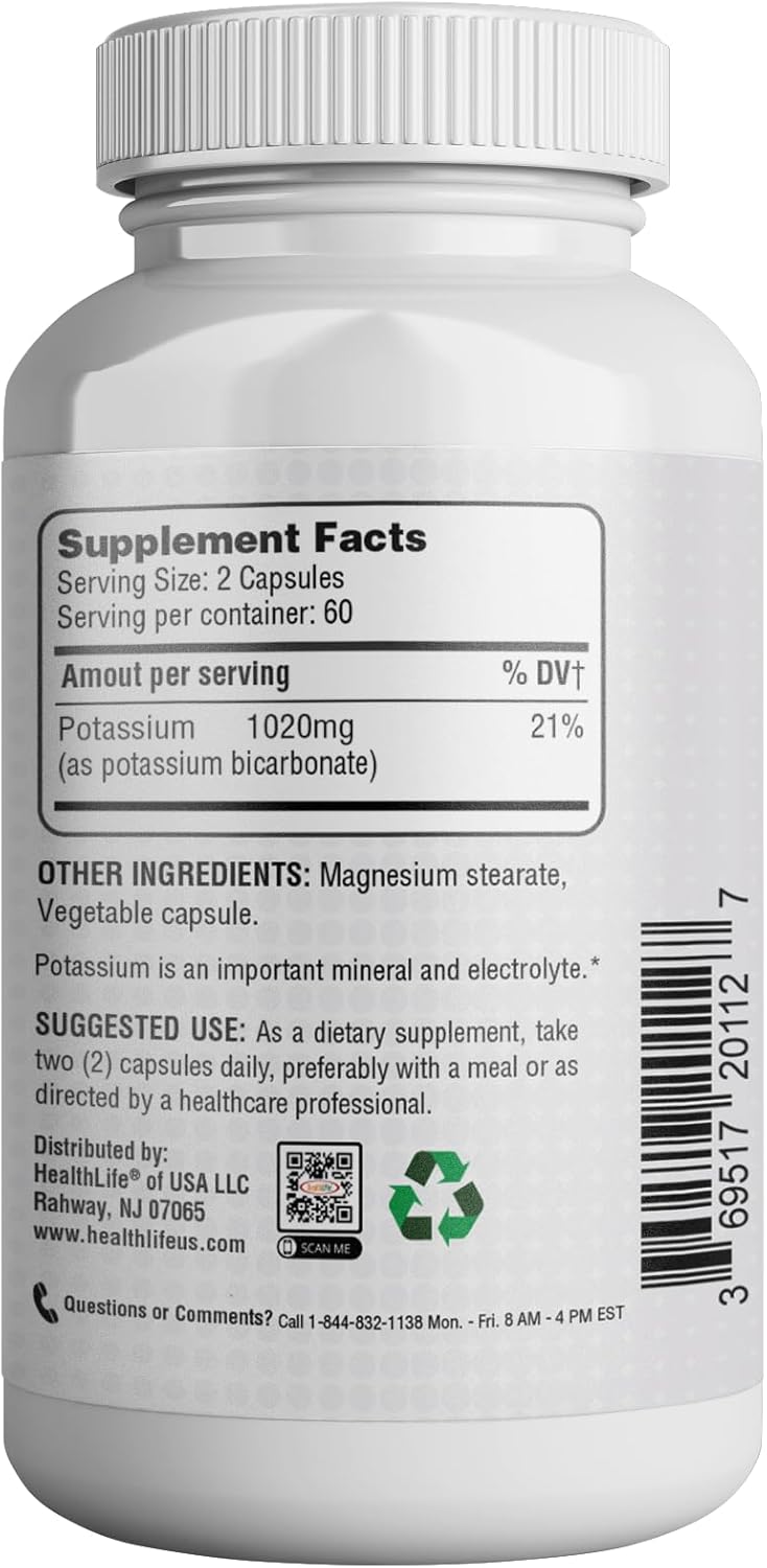 Potassium Bicarbonate Supplement - 1020 mg, 60 Servings, 120 Capsules - Boost Health with HealthLife Potassium - Espot.com.au