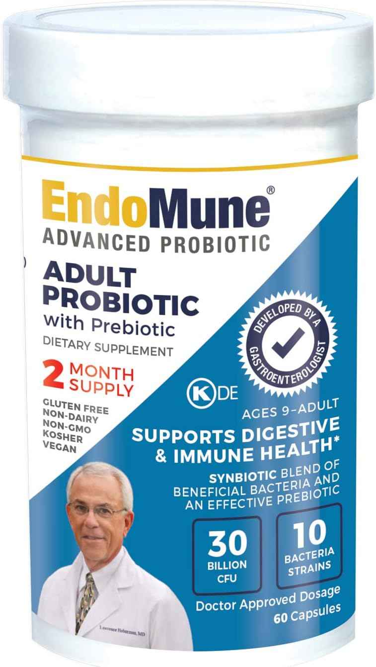 Physician Formulated Endomune Advanced Adult Probiotic with Prebiotic | 10 Strains, 30 Billion CFU | 60-Count Bottle