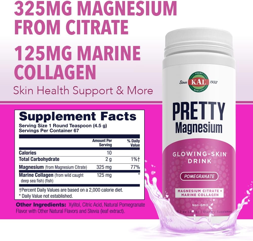 KAL Magnesium Skin Health Drink with Marine Collagen | Glowing Skin Support | Cellular Health | 325mg Magnesium Citrate | 10.7oz, 70 Servings - Espot.com.au