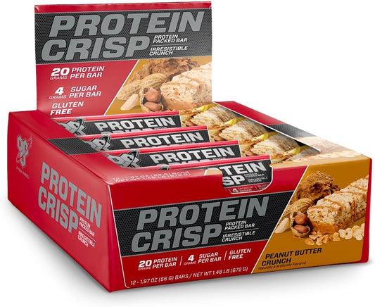 Gluten-Free BSN Protein Crisp Bar - Peanut Butter Crunch, 12 Count - Whey Protein Snack Bars with Fiber - Crunchy Protein Bars - Espot.com.au