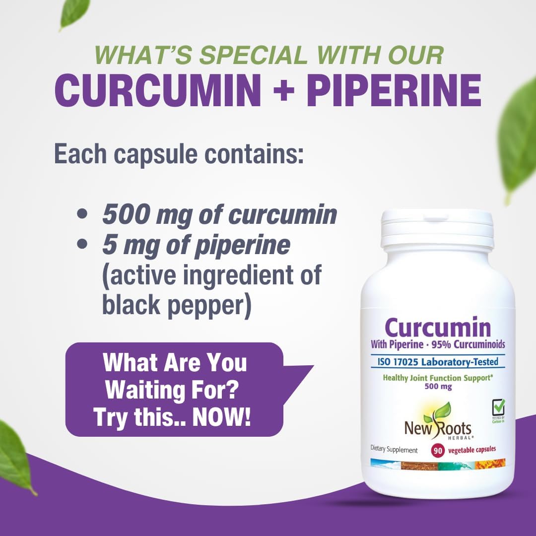 Turmeric Curcumin with Black Pepper Supplement for Enhanced Absorption | 95% Curcuminoids + 95% Piperine | 90 Veg Capsules, 500mg | New Roots Herbal - Espot.com.au