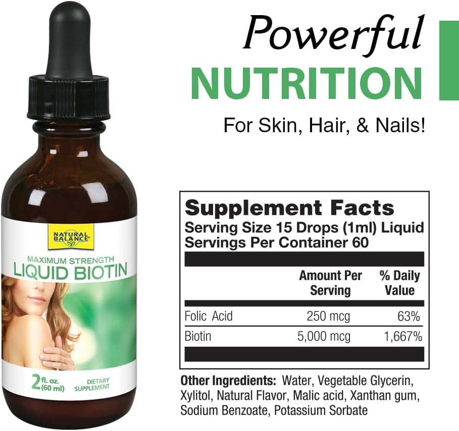 Natural Balance Biotin Liquid 5000mcg for Hair, Skin & Nails | Healthy Hair Supplement | Skin Health & Strong Nails Support | 2 oz, 60 Servings - Espot.com.au
