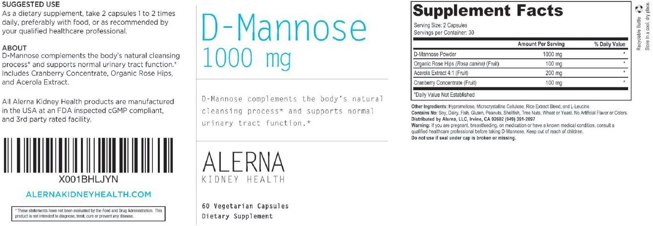 D-Mannose 1000mg with Cranberry & Rose Hips - Urinary Tract Health Support - 180 Vegetarian Capsules - Alerna Kidney Health - Espot.com.au