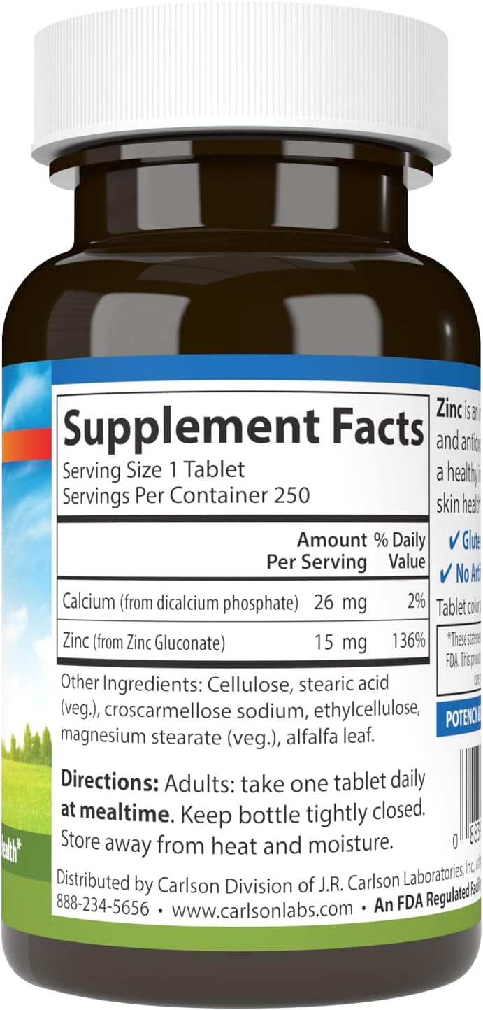 Zinc Supplement 15mg - Carlson Zinc Gluconate Tablets for Immune Support & Skin Health, Antioxidant Capsules - 250 Count - Espot.com.au