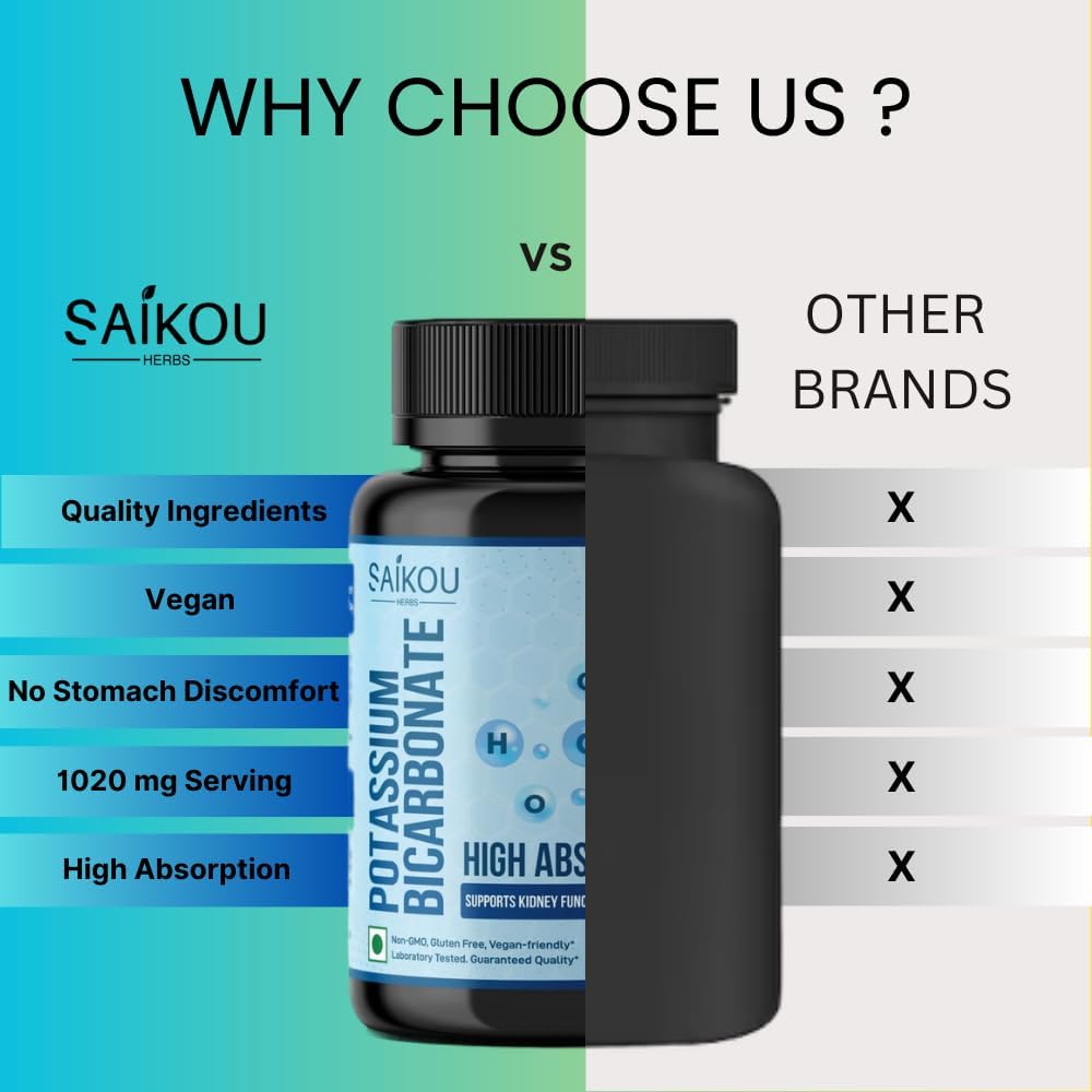 High Absorption Potassium Bicarbonate Supplement - 1020mg, 120 Capsules - Supports Electrolyte Balance, Kidney & Bone Health - SAIKOU HERBS - Espot.com.au
