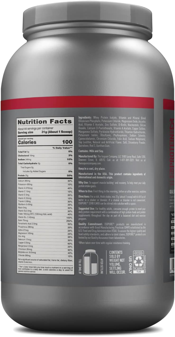 Isopure Zero Carb Whey Isolate Protein Powder, Strawberries & Cream Flavor, 25g Protein, 3 Lbs, 44 Servings, Gluten & Lactose Free - Espot.com.au