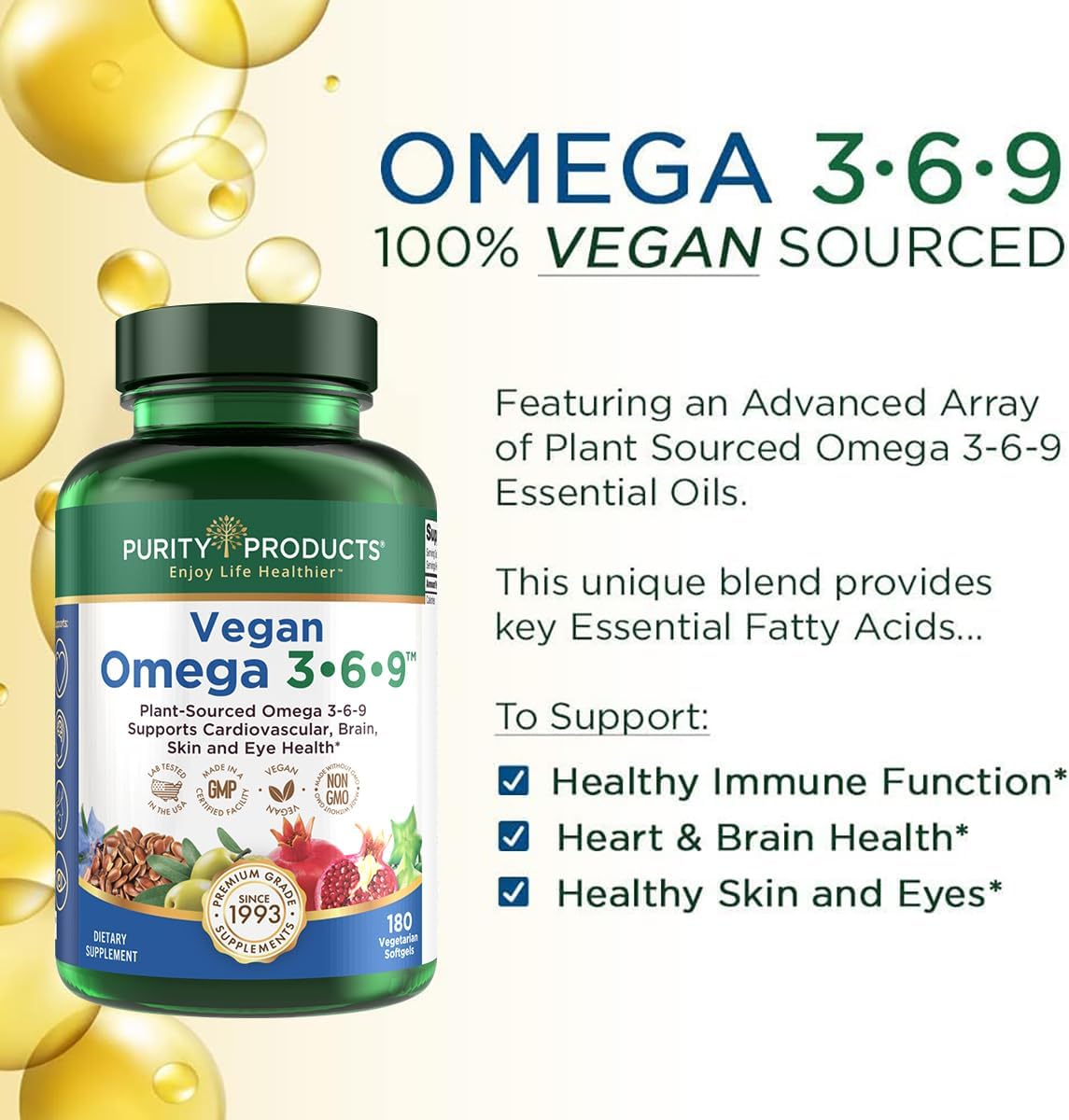 Plant-Based Omega 3 6 9 Essential Fatty Acids - Vegan Formula - 180 Softgels - 3 Month Supply - Purity Products Omega 3-6-9 Complex - Espot.com.au
