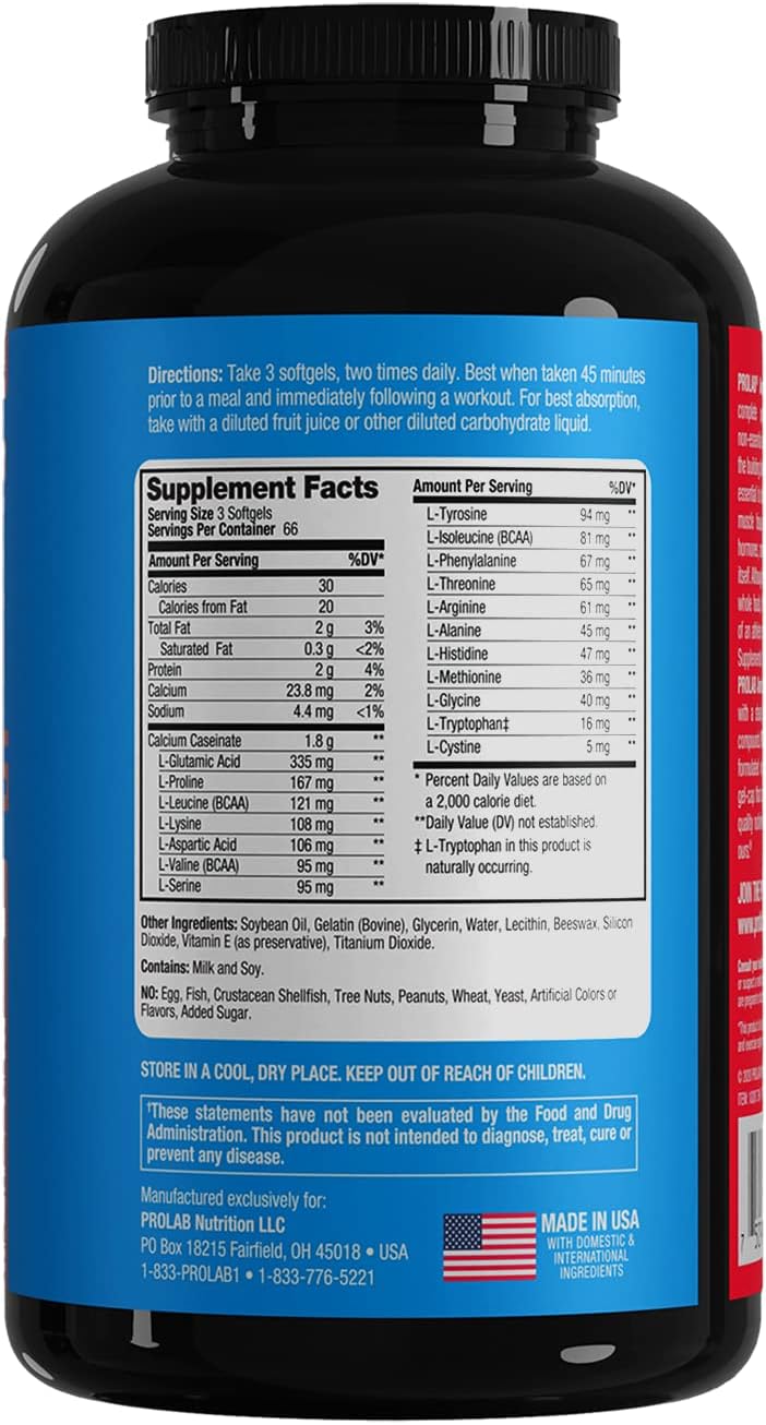 200-Count PROLAB Amino Acid Gel Capsules for Muscle Recovery and Endurance Boost - Espot.com.au