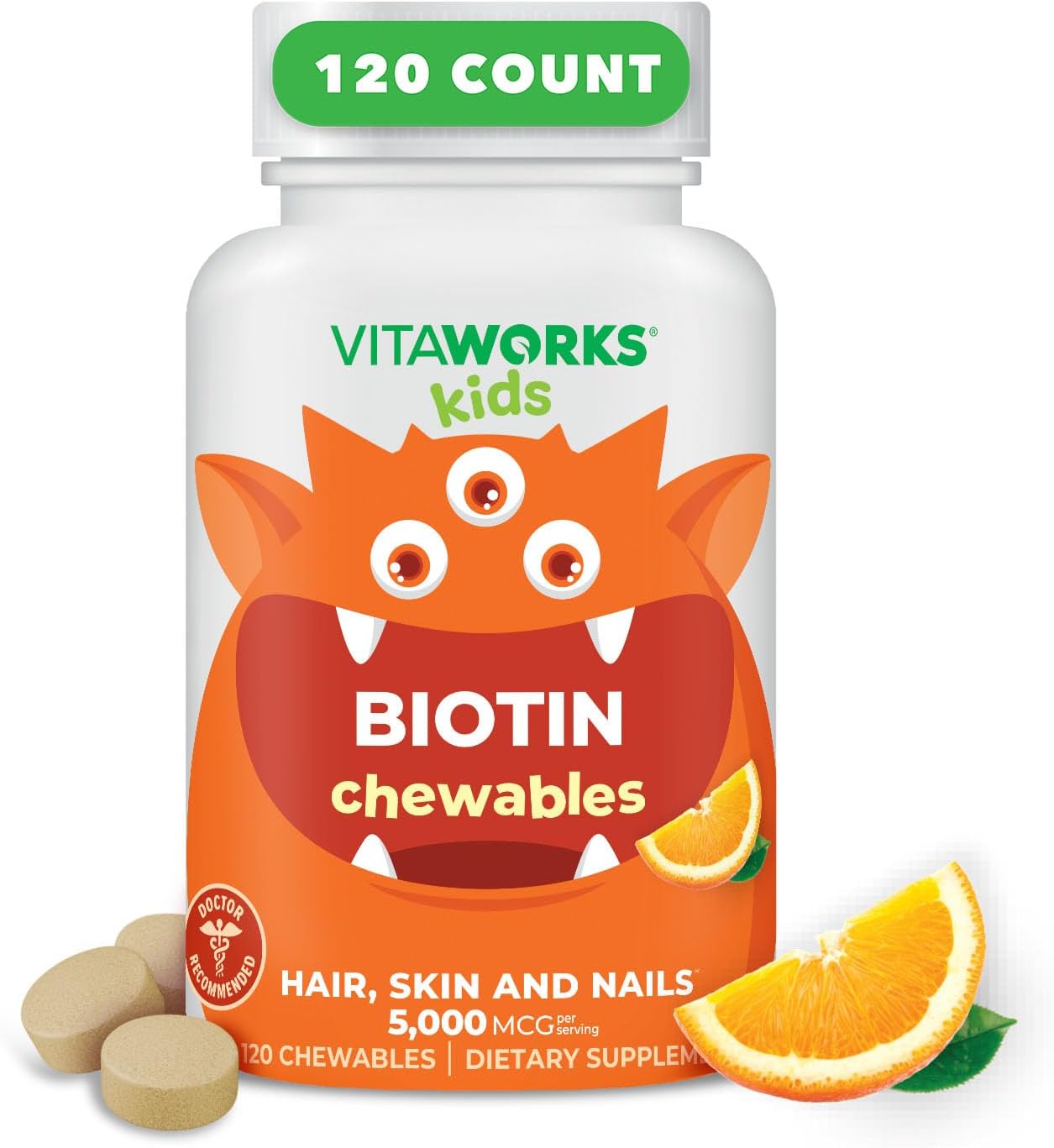 VitaWorks Kids Biotin 5000mcg Chewable Tablets - Vegan Hair Vitamins for Kids - Promotes Hair Growth, Skin & Nail Health - Tasty Biotin Supplement - 120 Chewables - Espot.com.au