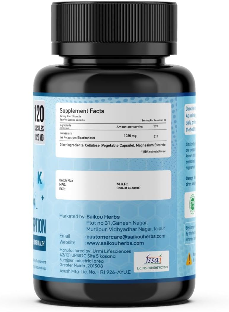 High Absorption Potassium Bicarbonate Supplement - 1020mg, 120 Capsules - Supports Electrolyte Balance, Kidney & Bone Health - SAIKOU HERBS - Espot.com.au