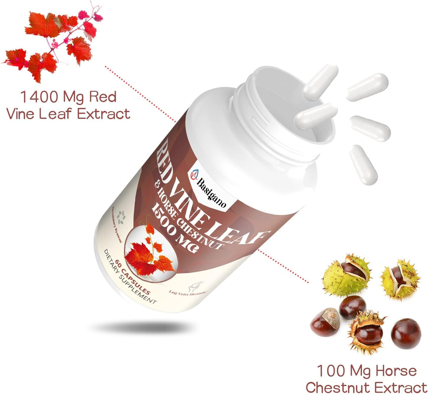 Premium Basigano Red Vine Leaf & Horse Chestnut Extract Capsules - 1500mg Vitis Vinifera Supplement for Healthy Veins, Circulation, Heart, and Skin - Espot.com.au
