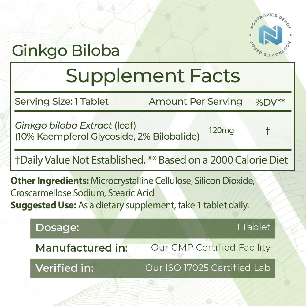 Ginkgo Biloba Extract Tablets 120mg | 90 Count | 10% Kaempferol Glycoside + 2% Bilobalide | Cognitive & Cardiovascular Support - Espot.com.au