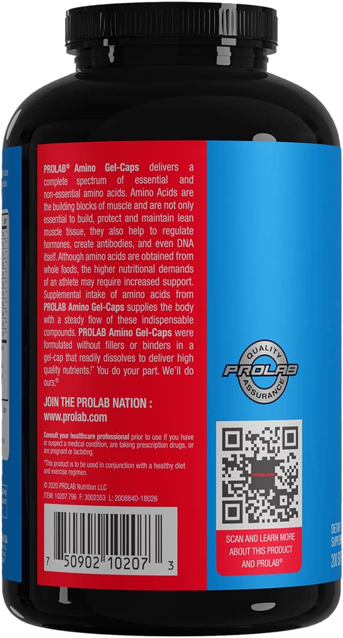 200-Count PROLAB Amino Acid Gel Capsules for Muscle Recovery and Endurance Boost - Espot.com.au