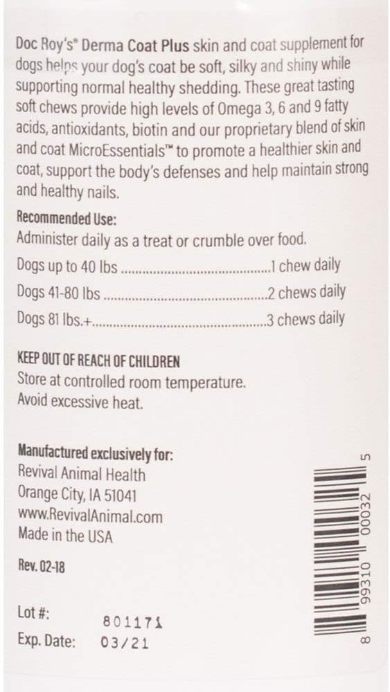 doc-roys-derma-coat-plus-skin-coat-supplement---60-chewable-tablets-for-mediumlarge-dogs-by-revival-animal-health-2