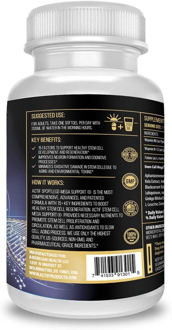 ACTIF Stem Cell Mega Support Supplement - 15 Factors, Non-GMO, 60 Day Supply, USA-Made - Espot.com.au