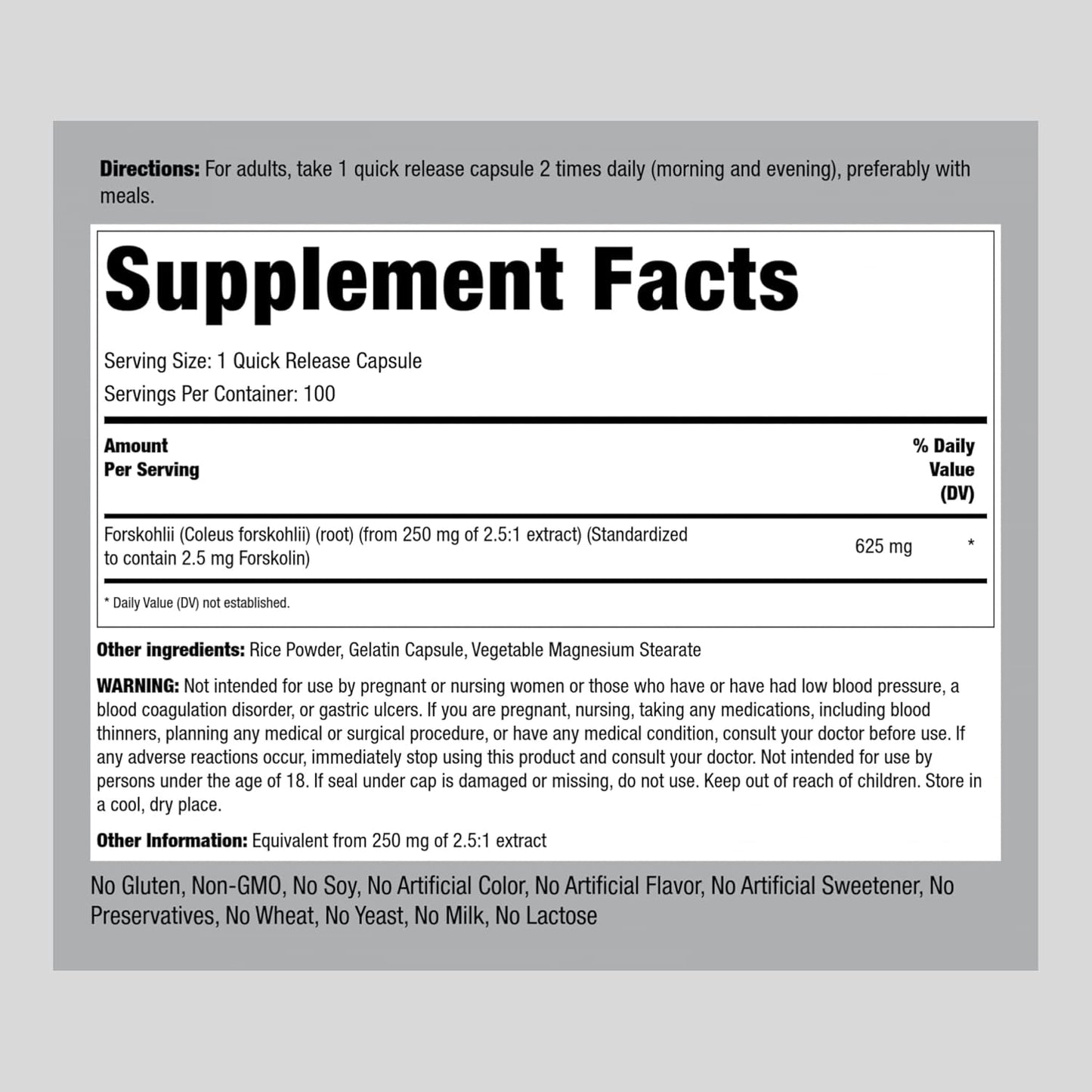 625mg Coleus Forskohlii Root Extract Capsules - 100 Count - Non-GMO & Gluten-Free Herb Supplement by Piping Rock