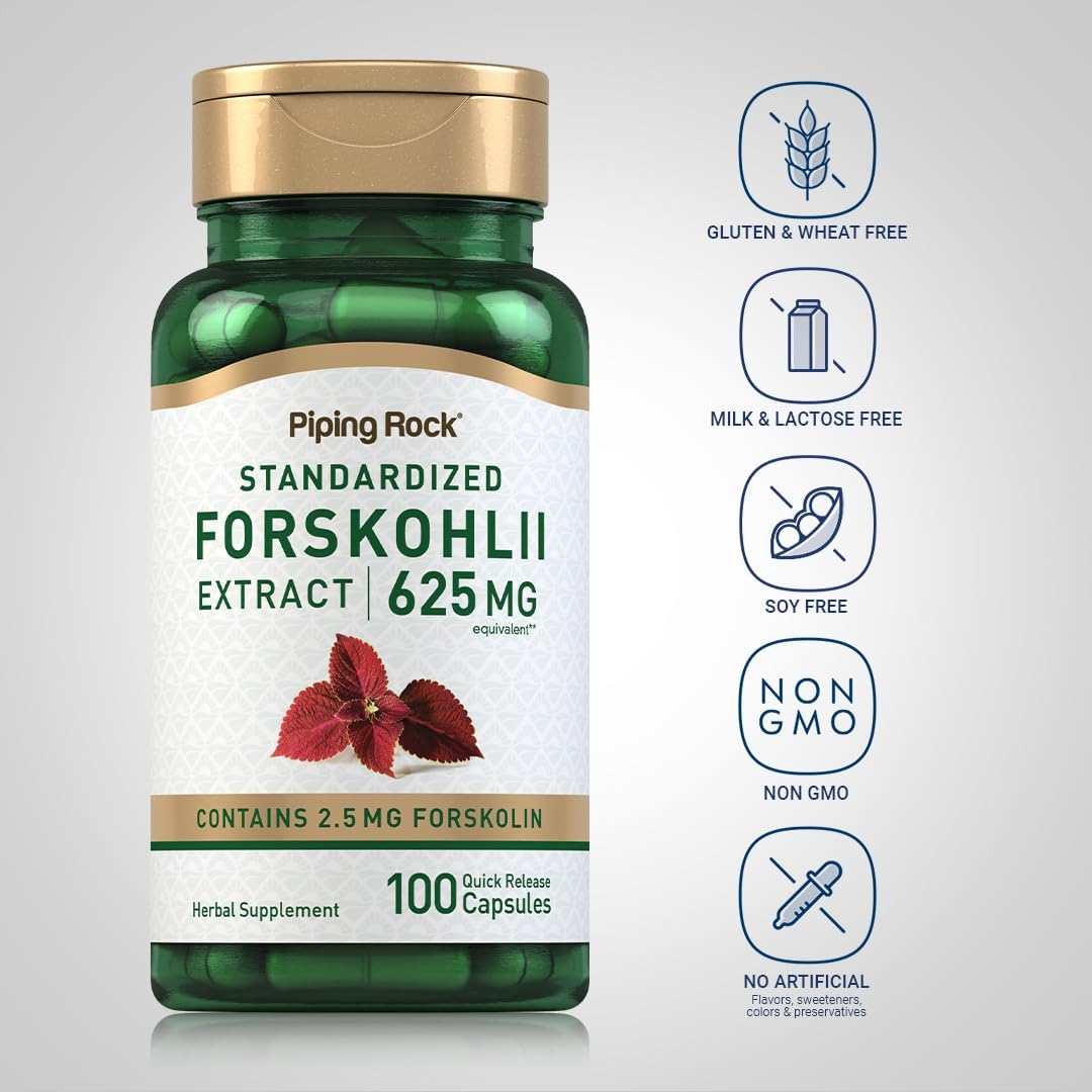 625mg Coleus Forskohlii Root Extract Capsules - 100 Count - Non-GMO & Gluten-Free Herb Supplement by Piping Rock