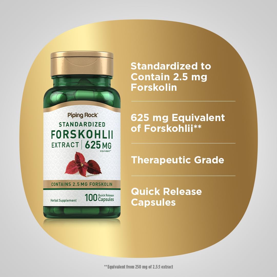 625mg Coleus Forskohlii Root Extract Capsules - 100 Count - Non-GMO & Gluten-Free Herb Supplement by Piping Rock
