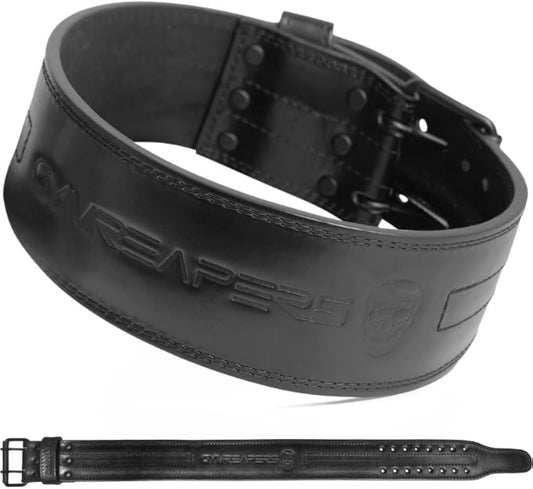 6MM Gymreapers Genuine Leather Weightlifting Belt - Double Prong Power Belt for Deadlifts & Squats - 4-Inch Wide Heavy Duty Support for Powerlifting & Strength Training