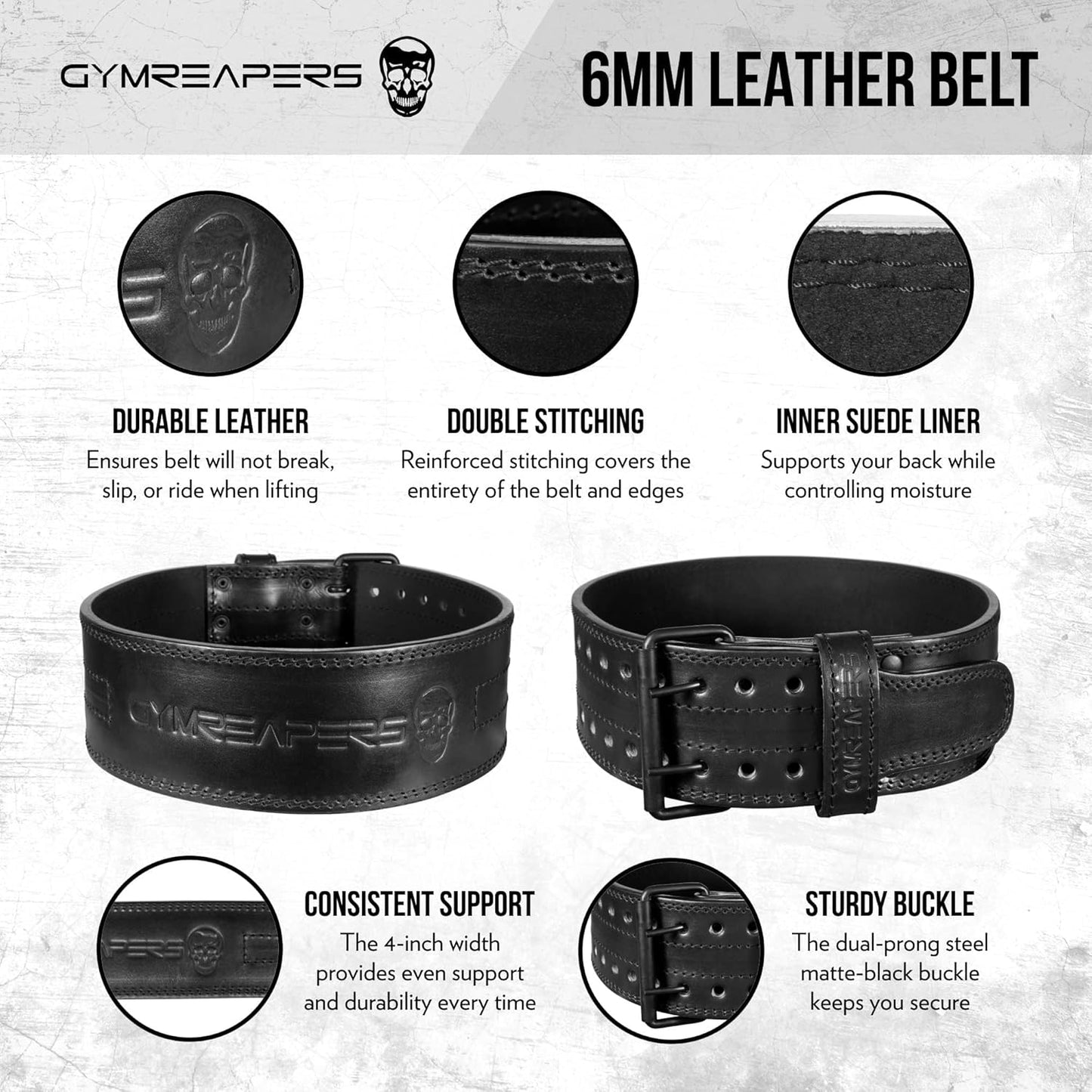 6MM Gymreapers Genuine Leather Weightlifting Belt - Double Prong Power Belt for Deadlifts & Squats - 4-Inch Wide Heavy Duty Support for Powerlifting & Strength Training