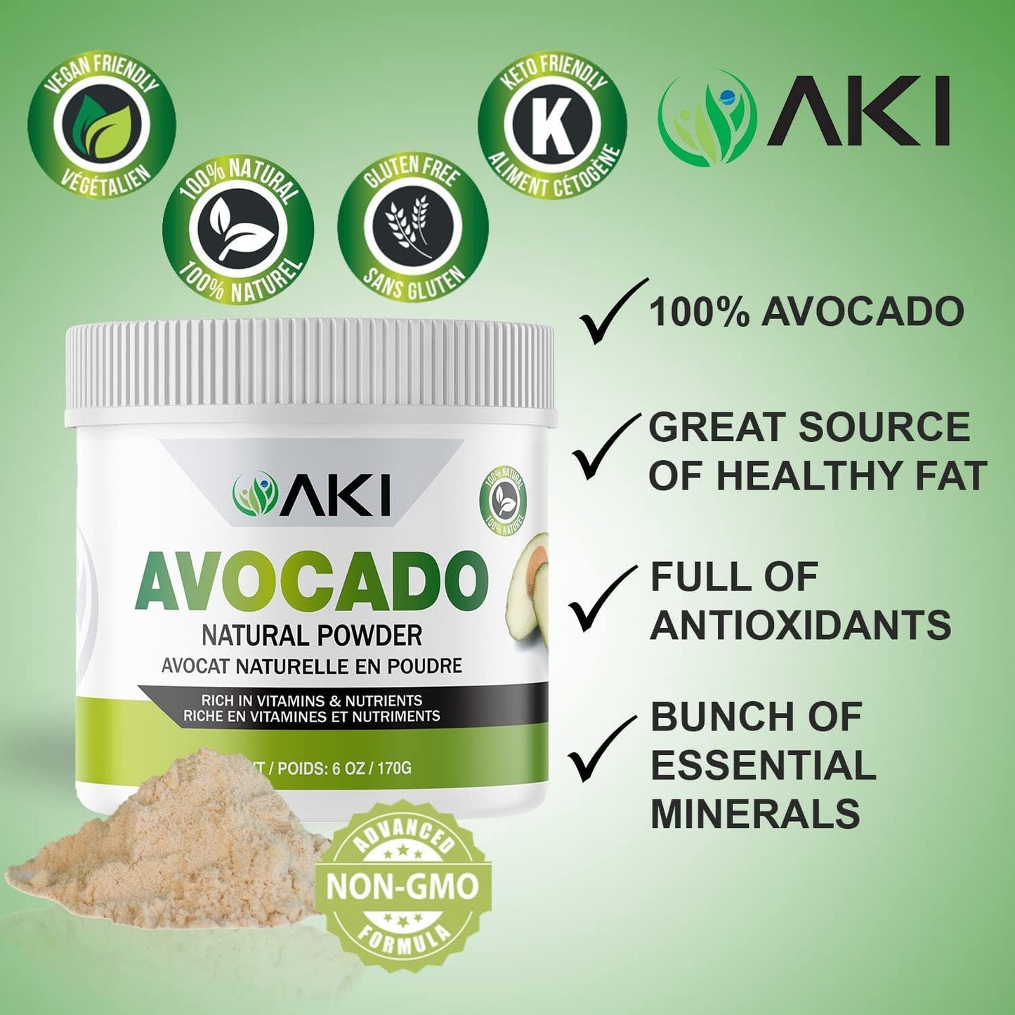 6oz/170g AKI Organic Avocado Superfood Powder - Nutrient-Rich Blend for Smoothies, Yogurt, and Milkshakes - Vegan & Non-GMO - Omega 3 & Antioxidants