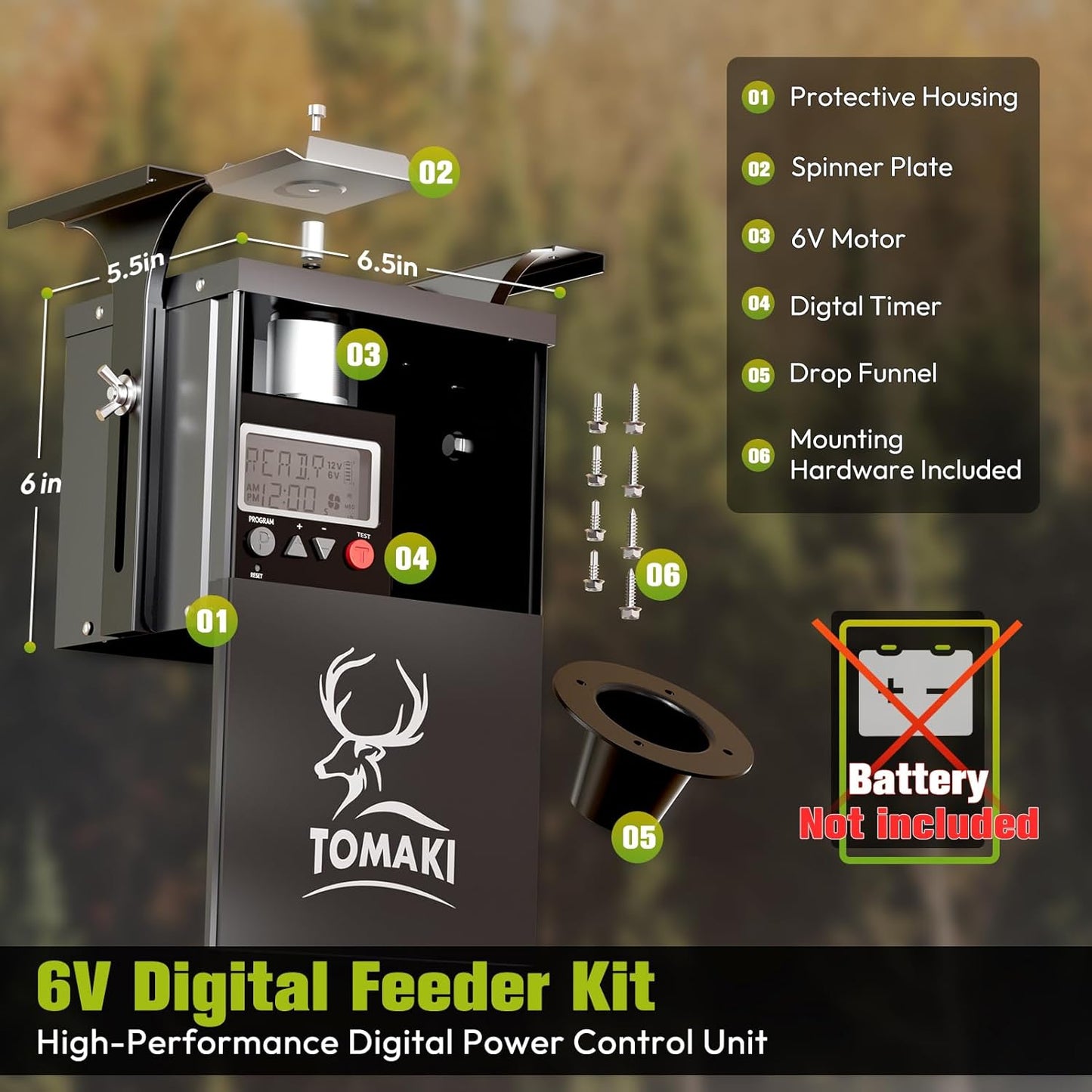 6V Deer Feeder Kit with Metal Motor and Timer, Digital Game Feeder, Mounting Bracket, 8 Feed Times, Easy Install, Weatherproof