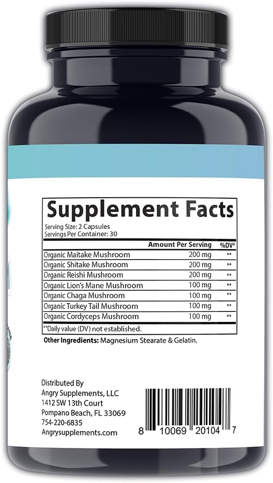 7-in-1 Premium Health Shroom Blend Capsules with Maitake, Shiitake, Reishi, Turkey Tail, Cordyceps, Lions Mane, and Chaga Mushrooms (60ct) by Angry Supplements