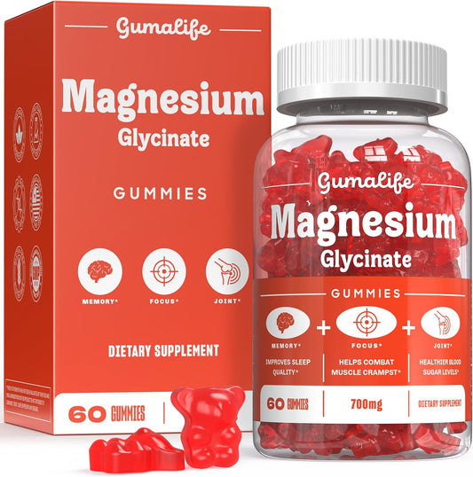 700mg Magnesium Glycinate Gummies by Gumalife - Sugar-Free Relaxation Supplement with 60 Gummies per Box