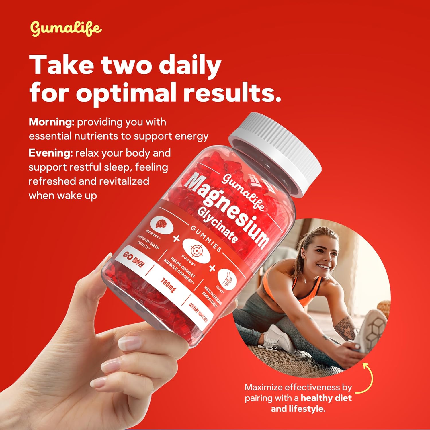 700mg Magnesium Glycinate Gummies by Gumalife - Sugar-Free Relaxation Supplement with 60 Gummies per Box