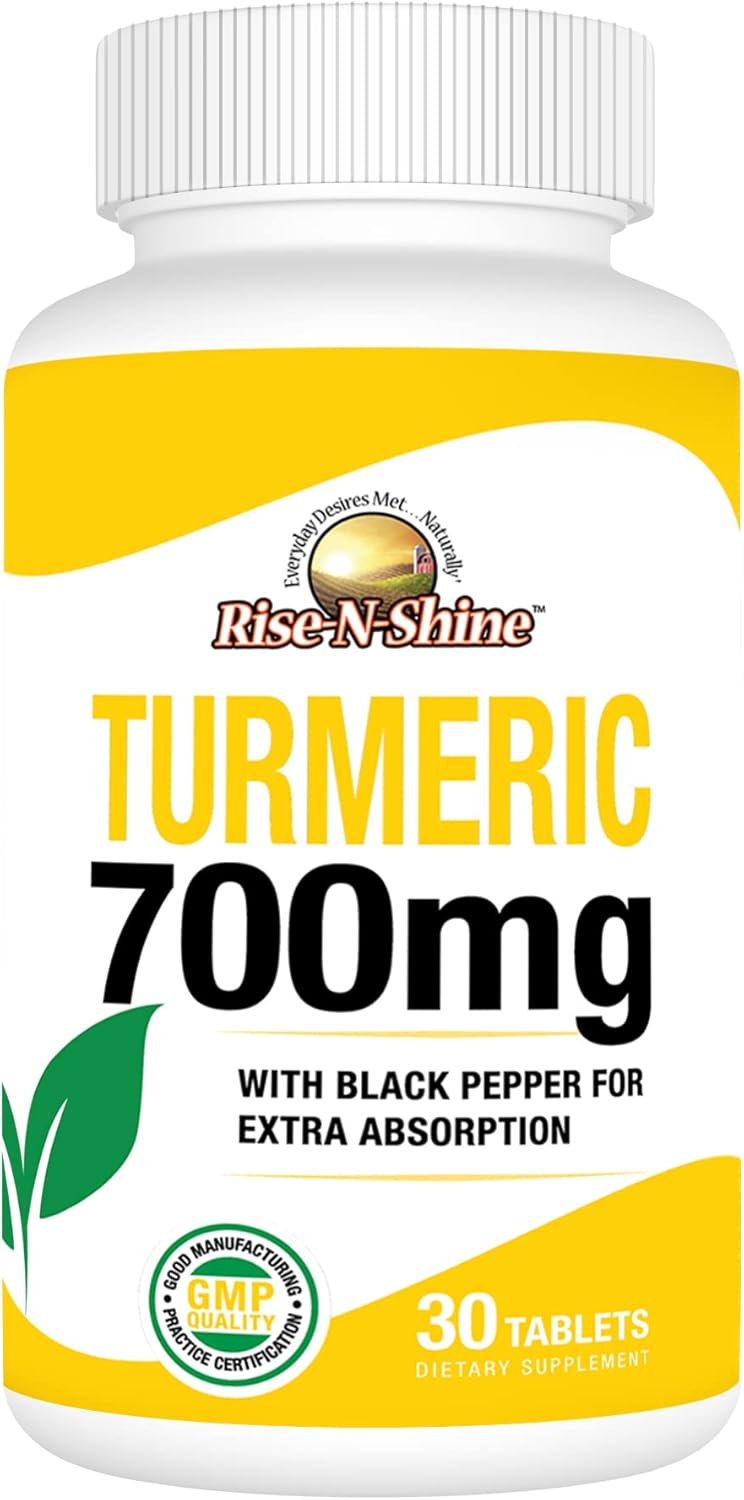 700mg Turmeric Curcumin with Black Pepper - Herbal Supplements for Skin & Joint Support - 30 Day Supply by Rise-N-Shine