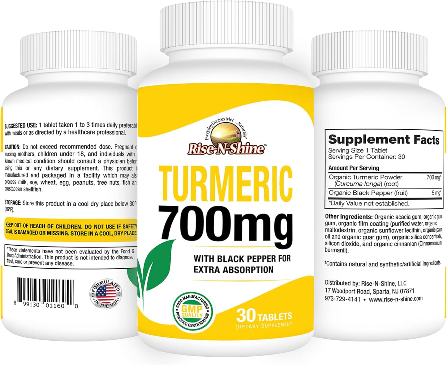 700mg Turmeric Curcumin with Black Pepper - Herbal Supplements for Skin & Joint Support - 30 Day Supply by Rise-N-Shine