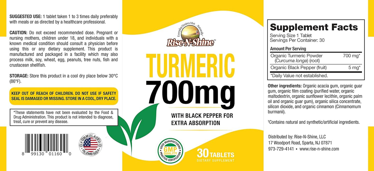 700mg Turmeric Curcumin with Black Pepper - Herbal Supplements for Skin & Joint Support - 30 Day Supply by Rise-N-Shine