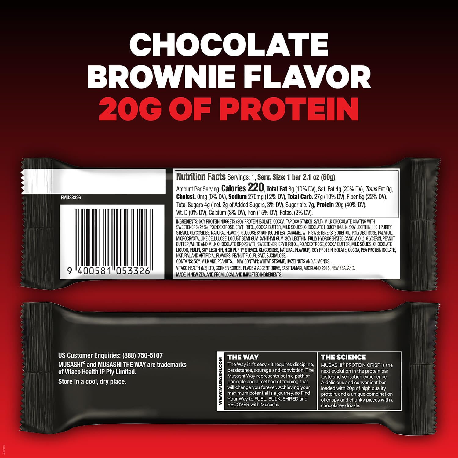Musashi Chocolate Brownie Protein Crisp Bar - 20g Protein, 4g Sugars - Post-Workout Snack, 12-Pack 2.1oz Bars - Protein Snack On The Go - Espot.com.au
