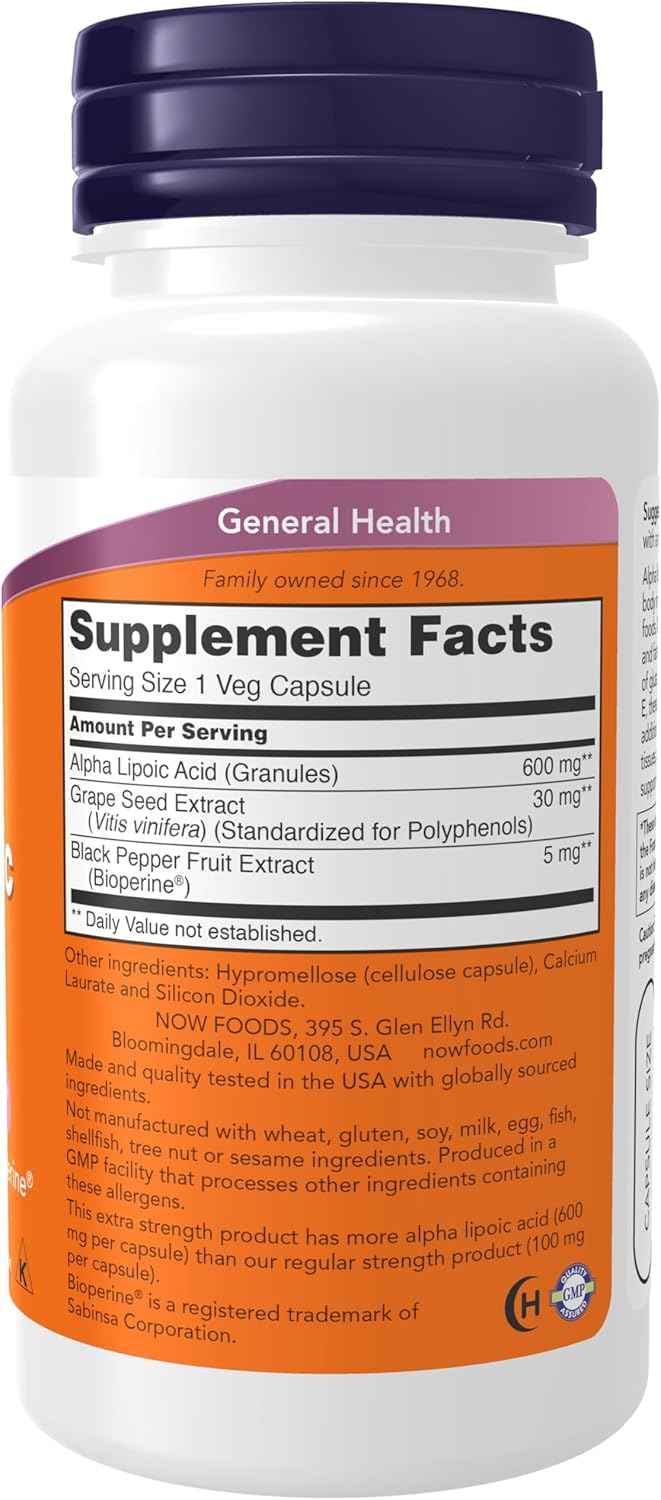 NOW Foods Alpha Lipoic Acid 600mg with Grape Seed Extract & Bioperine® - Extra Strength Supplement, 60 Count Pack