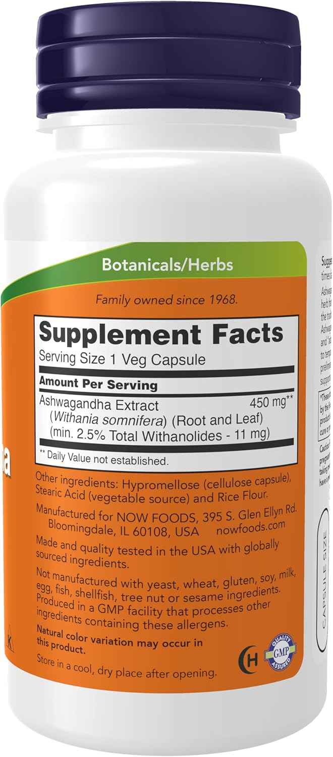 NOW Foods Ashwagandha 450mg Veg Capsules - Immune Support (90ct)