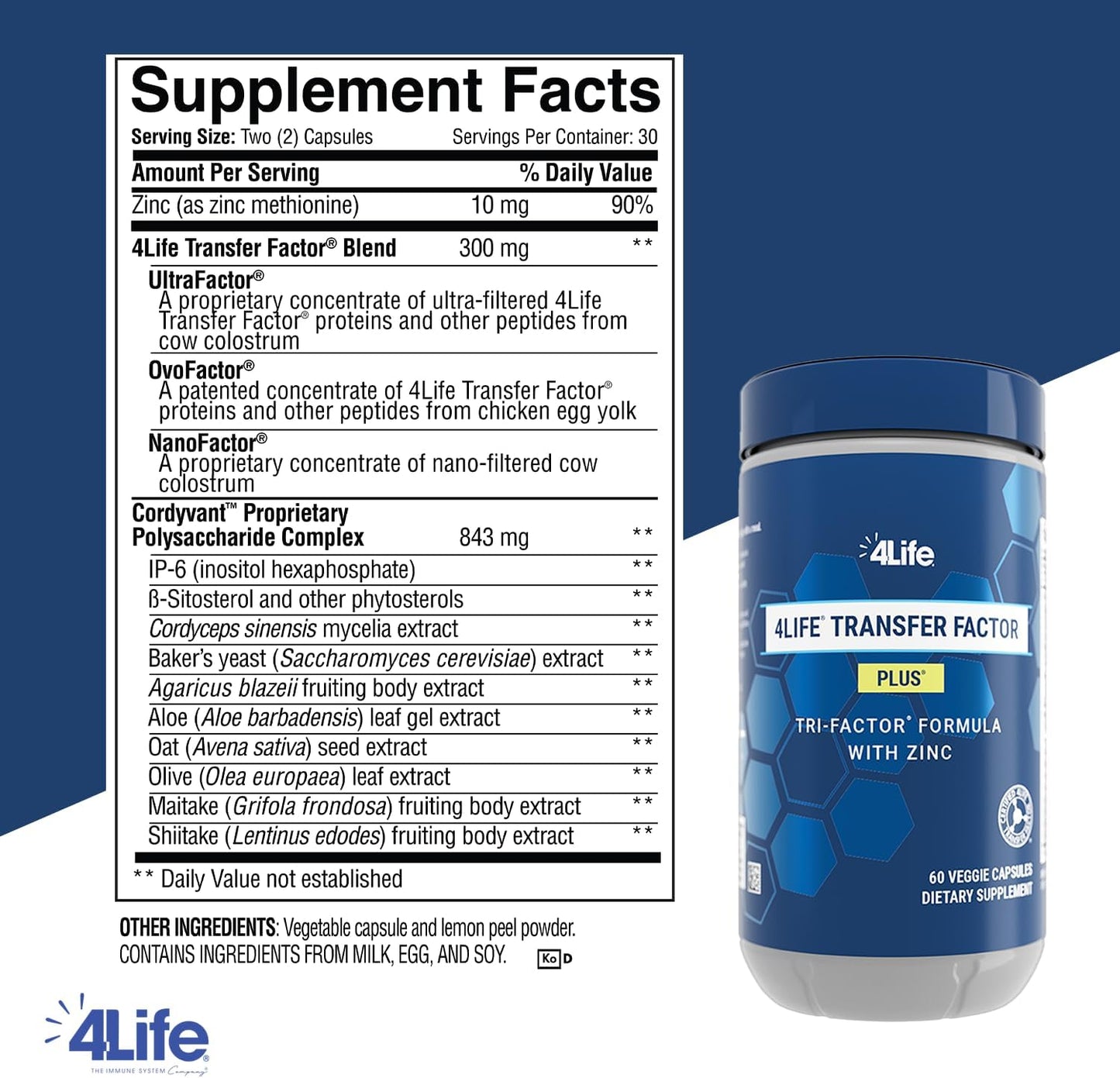 Transfer Factor Plus with Zinc, Super Mushroom Blend, Colostrum & Egg Yolk Extracts - 60 Capsules - Espot.com.au